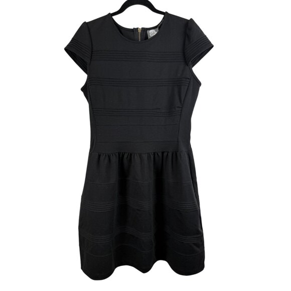 Black Pintucked Ponte Dress Fit and Flare Short Sleeve Anthropologie-12 - Picture 2 of 5